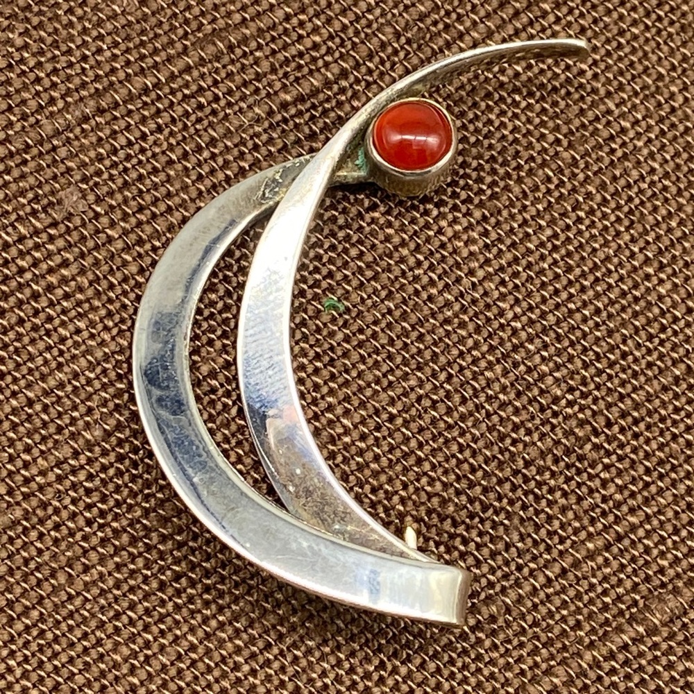 Vintage Modernist Sterling Silver & Amber Brooch Handmade One of a Kind Pin